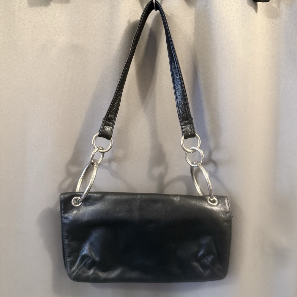Wilson Leather Maxima Foldover Shoulder Clutch Purse Multi Pockets Black Leather